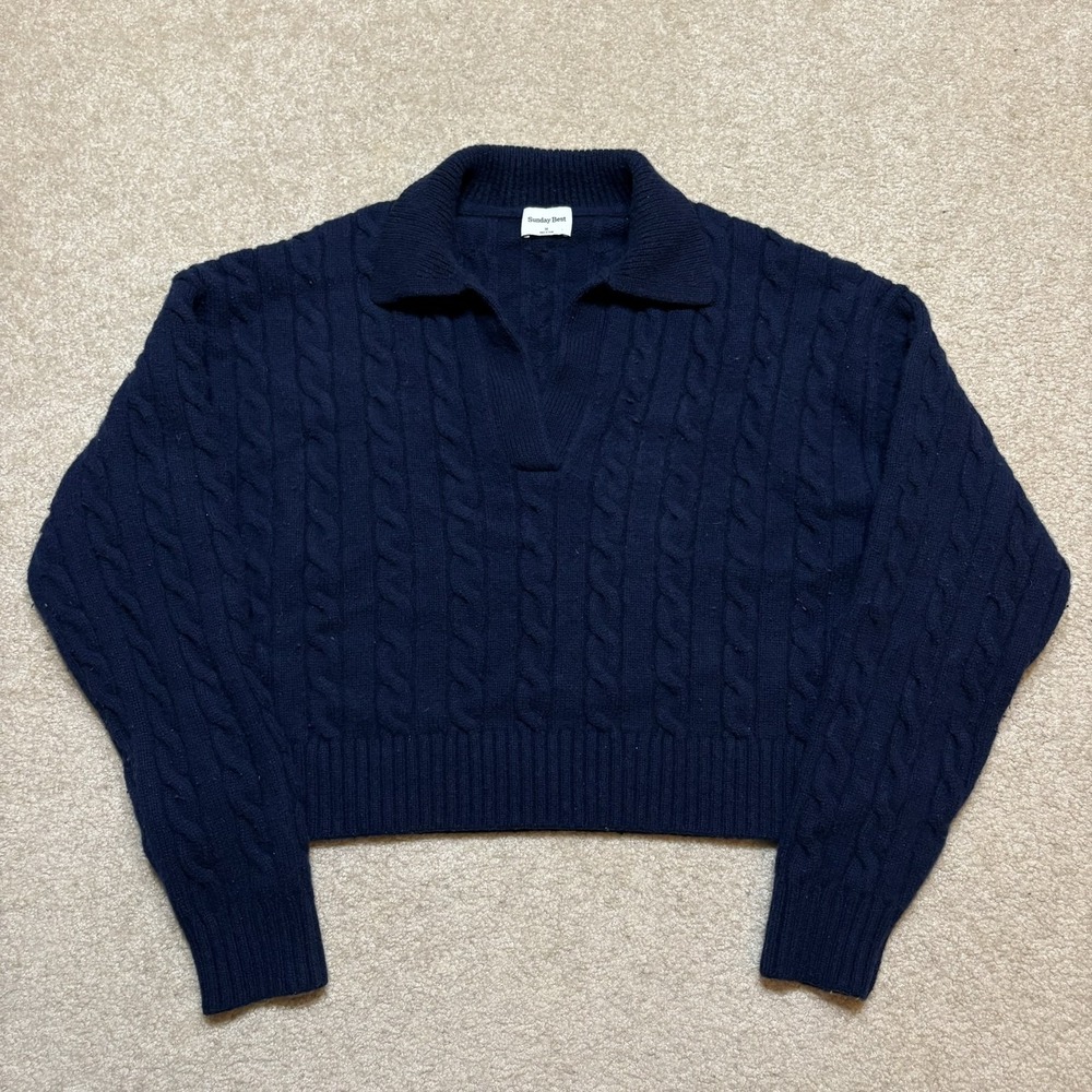 Aritzia Sunday Best Sweater Womens Medium Navy Cable Knit Collared Pullover Prep